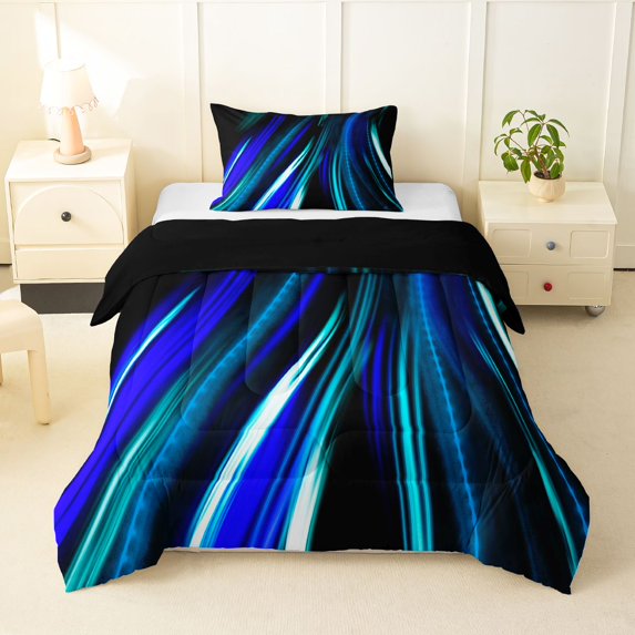 Manfei Neon Light Stripes Twin Comforter Sets, Abstract Wavy Line Bedding Set, Blue Teal Black, Black Reversible 2 Pieces, 1 Comforter and 1 Pillowcase