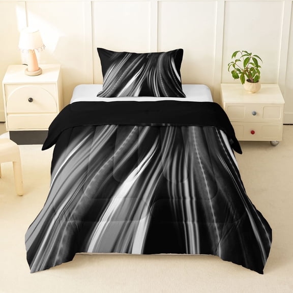 Manfei Neon Light Stripes Twin Comforter Sets, Abstract Wavy Line Bedding Set, Gray Black, Black Reversible 2pcs, 1 Comforter and 1 Pillowcase
