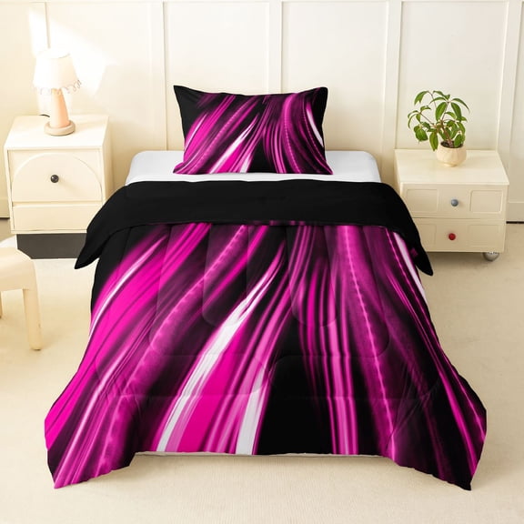 Manfei Neon Light Stripes Twin Comforter Sets, Abstract Wavy Line Bedding Set, Pink Black, Black Reversible 2 Pieces, 1 Comforter and 1 Pillowcase