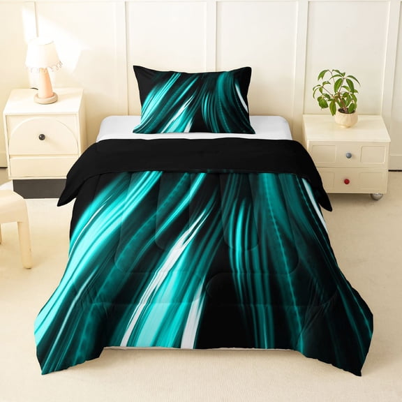 Manfei Neon Light Stripes Twin Comforter Sets, Abstract Wavy Line Bedding Set, Teal Black, Black Reversible 2 Pieces, 1 Comforter and 1 Pillowcase
