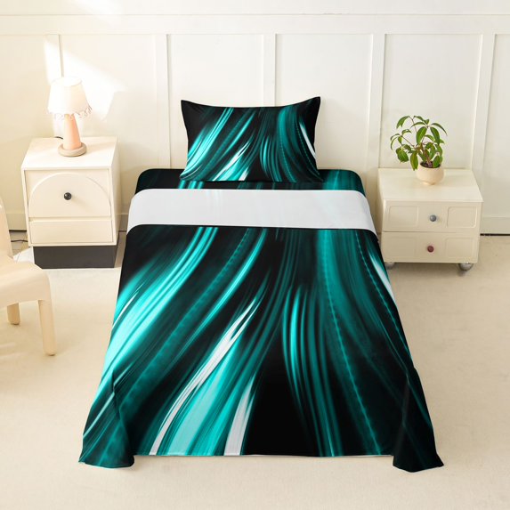 Manfei Neon Light Stripes Twin Sheets, Abstract Wavy Line Bedding, Teal Black, Black Reversible 3 Pieces1 Flat Sheet + 1 Fitted Sheet + 1 Pillowcase