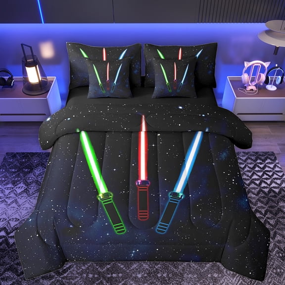 Manfei Neon Light Sword 7-Piece Twin Bedding Sets,Cartoon Lightsaber Bedding Comforter Set,Green Orange Blue Sheet Sets For Kids,Luxury Bedroom Decor Reversible