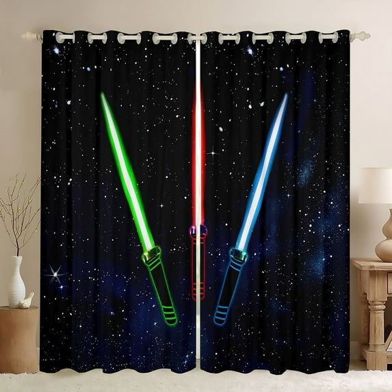 Manfei Neon Light Sword Curtains Pack of 2 (42x84 Each),Cartoon Lightsaber Curtains Blackout,Green Orange Blue Bedroom Curtains For Kids,Luxury Bedroom Decor