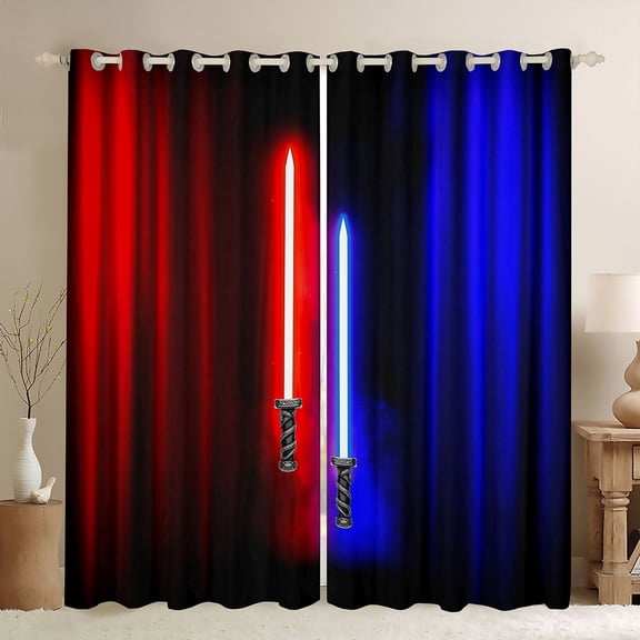 Manfei Neon Light Sword Curtains Pack of 2 (42x84 Each),Cartoon Lightsaber Curtains Blackout,Red Blue Lines Bedroom Curtains For Kids,Luxury Bedroom Decor