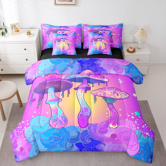 Manfei Neon Mushroom 7-Piece Bedding Comforter Set,Boho bohemian Style King Bedding Sets,Purple Pink Blue Bed Sheets For Girl,Luxury Bedroom Decor Reversible