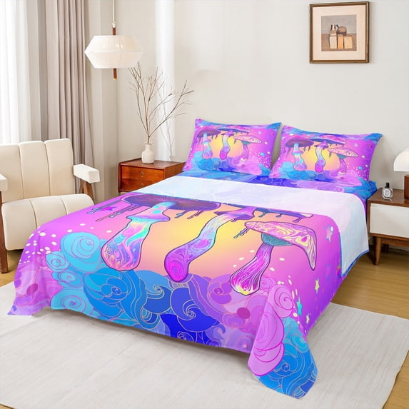 Manfei Neon Mushroom Full Size Sheets,Boho bohemian Style Bed Sheets,Purple Pink Blue Sheet Sets For Girl,Luxury Bedroom Decor,4-Piece