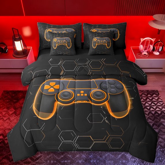 Manfei Neon Orange Gamepad Bedding Comforter Set 7pcs for Boy, Chic Honeycomb Abstract Queen Bedding Sets, Modern Video Game Reversible Queen Sheet Sets, Super Cozy Room Decor