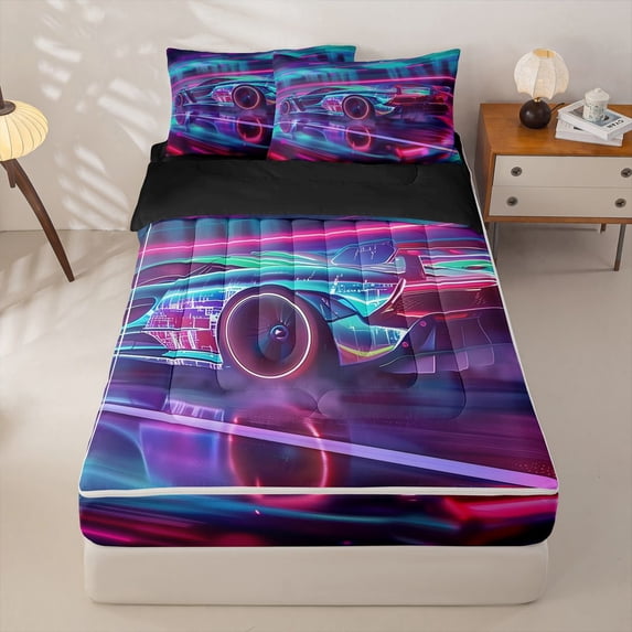 Manfei Neon Pink Race Car Zipper Twin Comforter Sets with Fitted Sheet and 2 Pillowcases,Speed Games Zipper Bedding Set,Black Reversible,4pcs