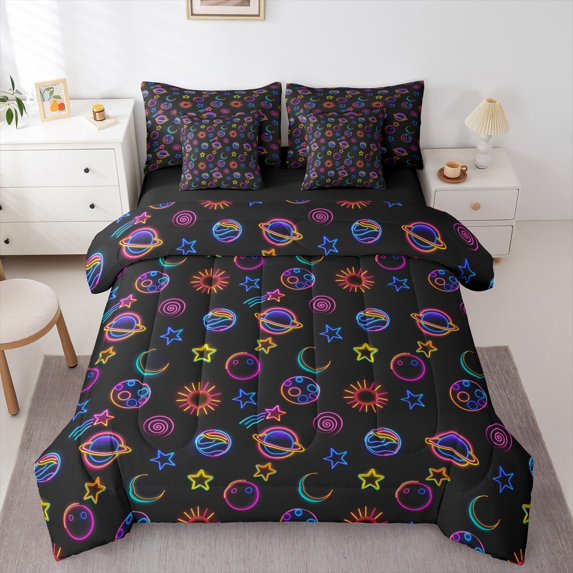 Manfei Neon Plant Sun Bedding Comforter Set 7pcs,Colorful Galaxy Queen Bedding Sets,Yellow Stars Print Queen Sheet Sets For Boys Teens,Breathable Home Decor Reversible