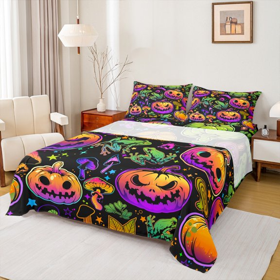 Manfei Neon Pumpkin Lantern Twin Sheet Set (3-Piece) Halloween Green Rustic Frog Microfiber Decor For Teens