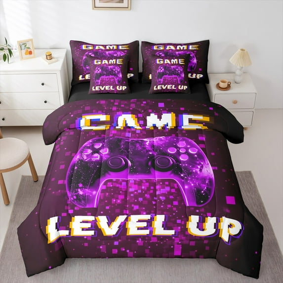 Manfei Neon Purple Gamepad Bedding Comforter Set 7-Piece, Futuristic Square Geometric King Bedding Sets, Level Up Reversible Bed Sheets, Breathable Home Decor