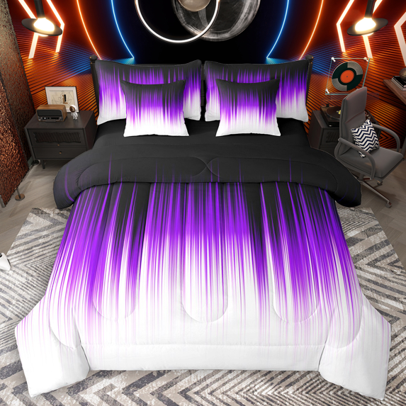 Manfei Neon Purple Lines Bedding Comforter Set 7 Pieces, Modern Gradient Queen Bedding Sets, Contemporary Geometric Queen Sheet Sets, Luxury Bedroom Decor