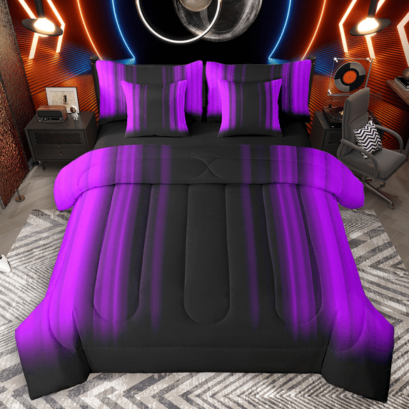 Manfei Neon Purple Stripe Bedding Comforter Set 7 Pieces, Modern Gradient Queen Bedding Sets, Contemporary Geometric Queen Sheet Sets, Luxury Bedroom Decor