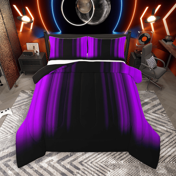 Manfei Neon Purple Stripe Queen Comforter Set 3 Pieces, Modern Gradient Bedding Sets, Contemporary Geometric Bedding Comforter Set, Luxury Bedroom Decor