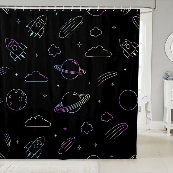 Manfei Neon Space Rockets Shower Curtain 72Wx78L,Minimalist Planets Bath Curtain,Black