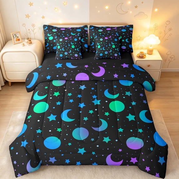 Manfei Neon Stars Moon 7-Piece King Bedding,Galaxy Theme King Bed in a Bag,Black Blue Purple,Black Reversible