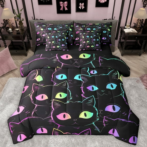 Manfei Neon Stripe Kitten 7 Pieces Bedding Comforter Set,Cute Cartoon Cat Full Bedding Set,Colorful Pet Animal Fitted Sheet Flat Sheet For Girls,Microfiber Bedroom Decor Reversible