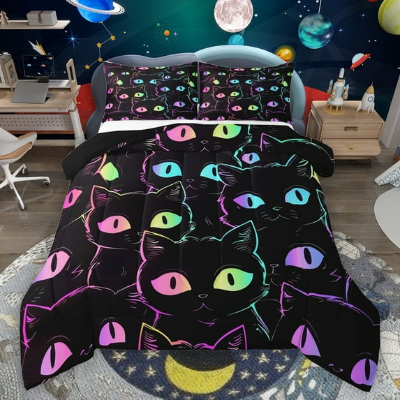 Manfei Neon Stripe Kitten Bedding Comforter Set,Cute Cartoon Cat Twin Comforter Sets,Colorful Pet Animal Bedding Set For Girls,Microfiber Bedroom Decor Reversible,2 Pieces