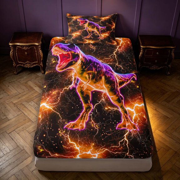 Manfei Neon T-Rex Fitted Sheet Queen,Gothic Lightning Bedding,Orange,3pcs,1 Fitted Sheet and 2 Pillowcases