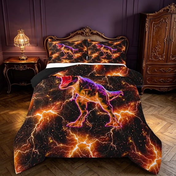 Manfei Neon T-Rex Full Size Comforter Sets,Gothic Lightning Bedding Comforter Set,Orange,Black Reversible,3 Pieces,1 Comforter and 2 Pillowcases