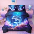 thumbnail image 1 of Manfei Neon Underwater Dolphin Twin Bedding Sets for Kids Boys and Girls, Marine Fantasy Print Bedding Comforter Set, Navy Reversible 7pcs, 1 of 6
