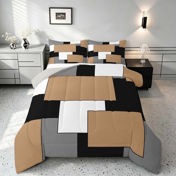 Manfei Neutral Geometric Checkered Queen Comforter Set, Abstract Comforter Sets Queen, Black White Beige Gray, Gray Reversible 3-Piece, 1 Comforter and 2 Pillowcases