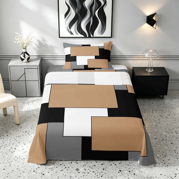 Manfei Neutral Geometric Checkered Twin Sheets, Abstract Bedding, Black White Beige Gray, Gray Reversible 3-Piece1 Flat Sheet + 1 Fitted Sheet + 1 Pillowcase