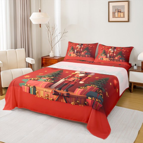 Manfei New Year Nutcracker Twin Sheet Sets 3 Pieces for Children, Merry Christmas Twin Fitted Sheet, Happy Xmas Flat Sheet, Ultra Soft Home Decor
