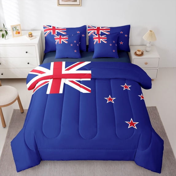 Manfei New Zealand Flag 7pcs Queen Bedding,Cultural Pride Bedding Comforter Set Queen,Blue Red White,Navy Blue Reversible