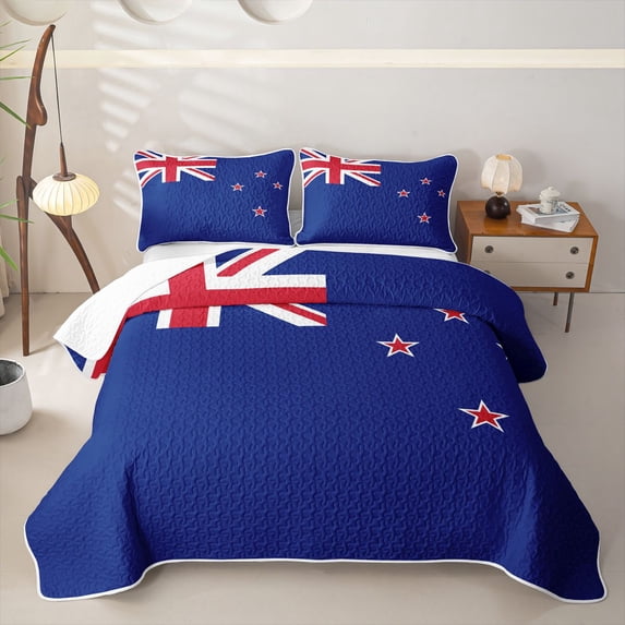 Manfei New Zealand Flag Quilt King,Cultural Pride King Coverlet Set,Blue Red White,3-Piece