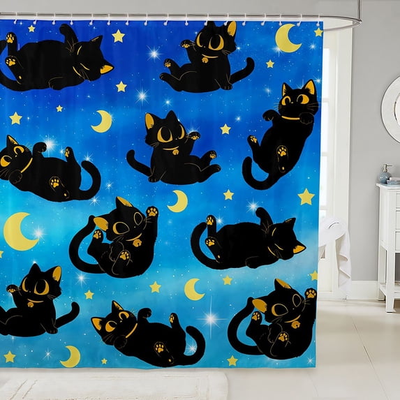 Manfei Night Black Cat Shower Curtain 72Wx72L, Sky Star Moon Bathroom Curtain, Blue Black