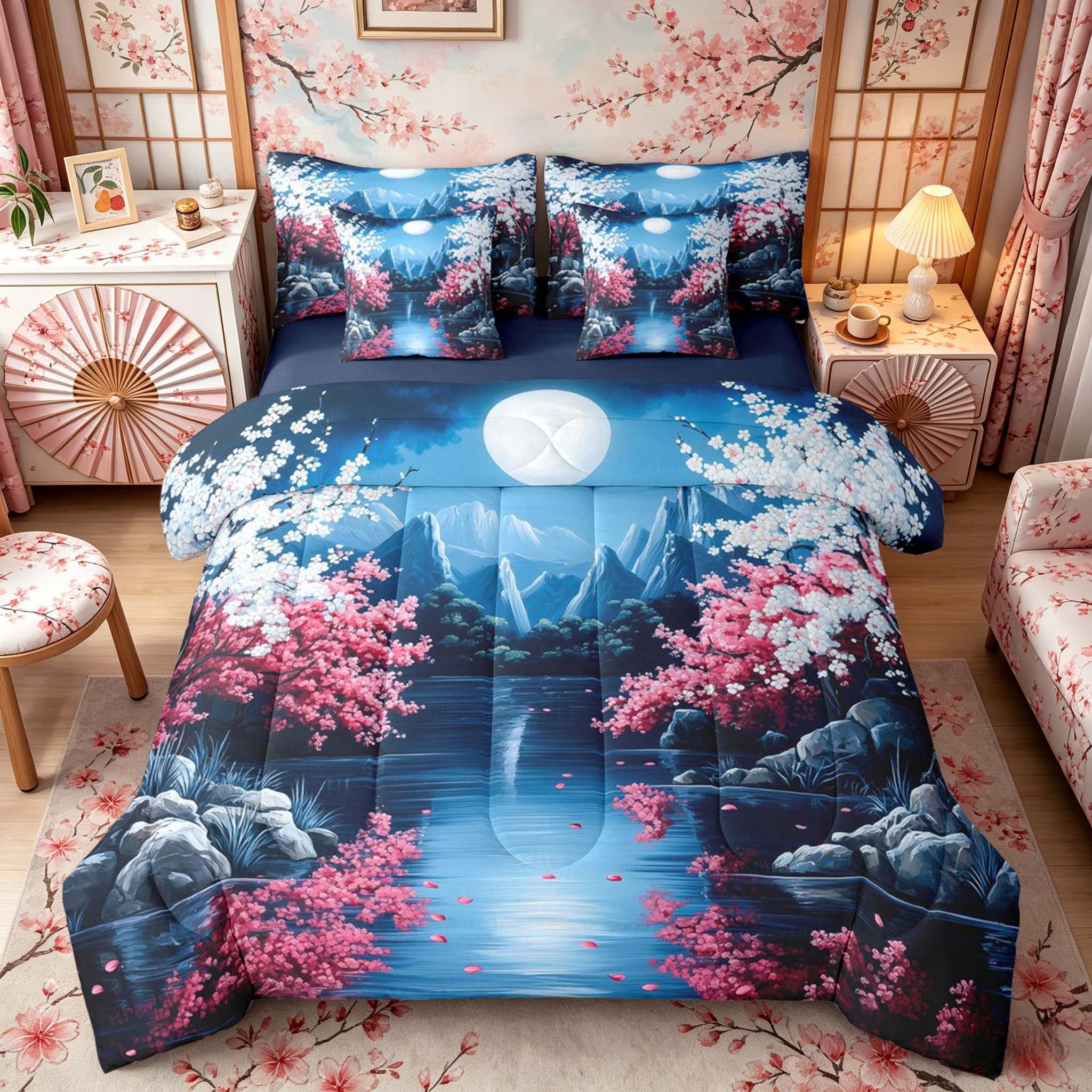 Manfei Night Fuji Lake Bedding Comforter Set for Teens, Cherry Moon Queen Bedding Sets, Blue Pink White, Navy Reversible7 Pieces