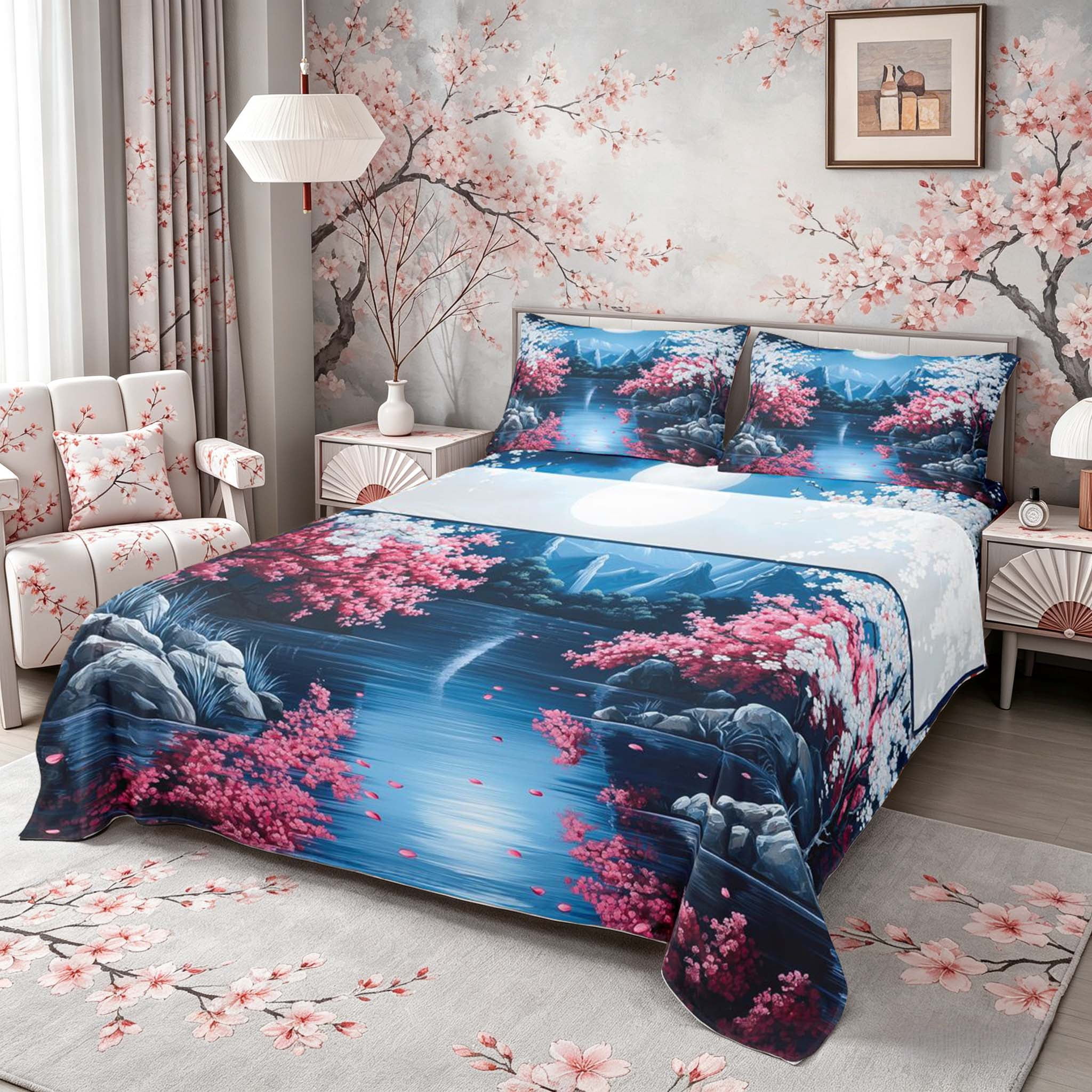 Manfei Night Fuji Lake Queen Sheet Sets for Teens, Cherry Moon Bed Set, Blue Pink White 4 Pieces, 1 Flat Sheet, 1 Fitted Sheet and 2 Pillowcases