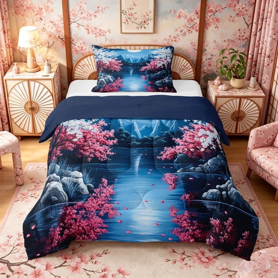Manfei Night Fuji Lake Twin Comforter Sets for Teens, Cherry Moon Bedding Set, Blue Pink White, Navy Reversible 2 Pieces, 1 Comforter and 1 Pillowcase