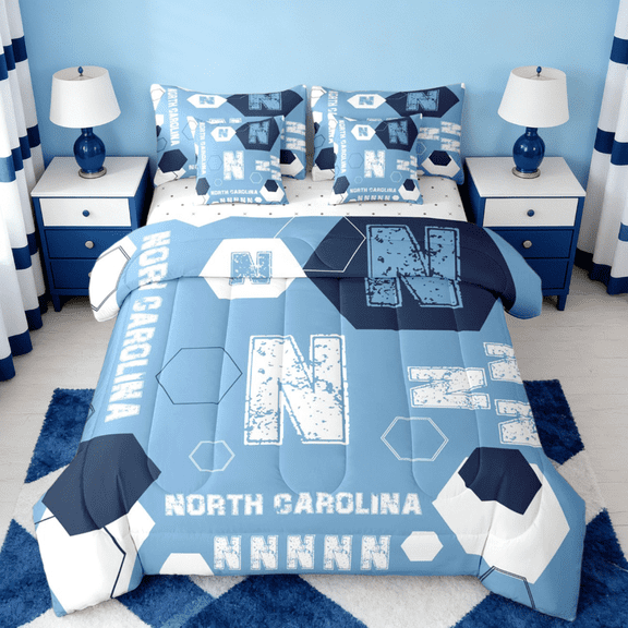 Manfei North Carolina 7-Piece Bedding Comforter Set,Geometric Hockeycomb Hexagon King Bedding Sets,First Letter N Bed Sheets For Boys,Super Cozy Room Decor Reversible