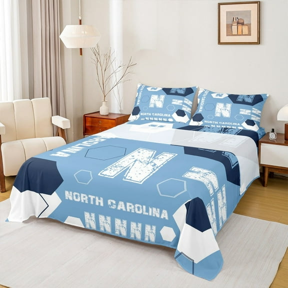 Manfei North Carolina Bed Sheets,Geometric Hockeycomb Hexagon King Sheets,First Letter N Sheet Set For Boys,Super Cozy Room Decor,4 Pieces