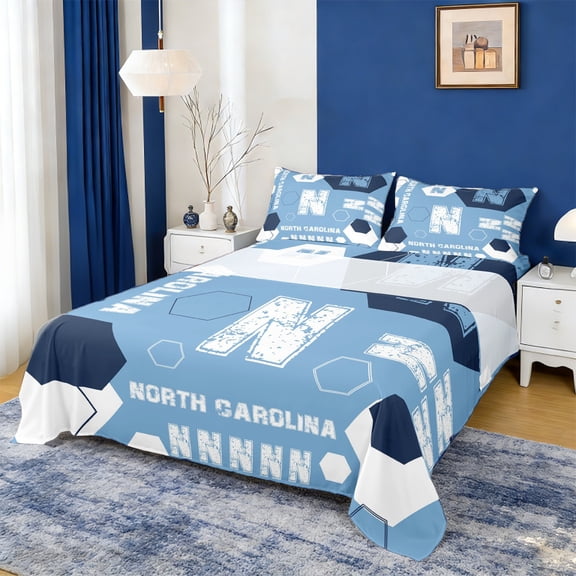 Manfei North Carolina Bed Sheets,Geometric Hockeycomb Hexagon King Sheets,First Letter N Sheet Set For Boys,Super Cozy Room Decor,4 Pieces