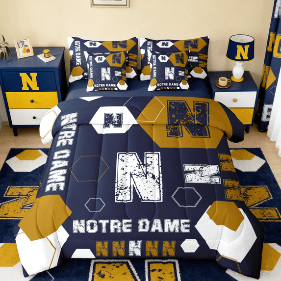 Manfei Notre Dame 7-Piece Twin Bedding Sets,Geometric Hockeycomb Hexagon Bedding Comforter Set,First Letter N Sheet Sets For Boys,Super Cozy Room Decor Reversible