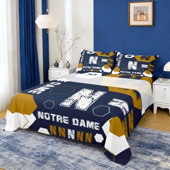 Manfei Notre Dame Twin Sheet Sets,Geometric Hockeycomb Hexagon Twin Fitted Sheet,First Letter N Flat Sheet For Boys,Super Cozy Room Decor,3-Piece