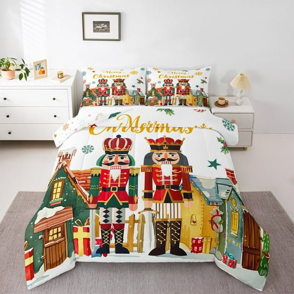 Manfei Nutcracker Royal Guarder Bedding Comforter Set for Kid, Rustic Cabin Twin Comforter Sets, Merry Christmas Theme Reversible Bedding Set, Breathable Home Decor, 2pcs