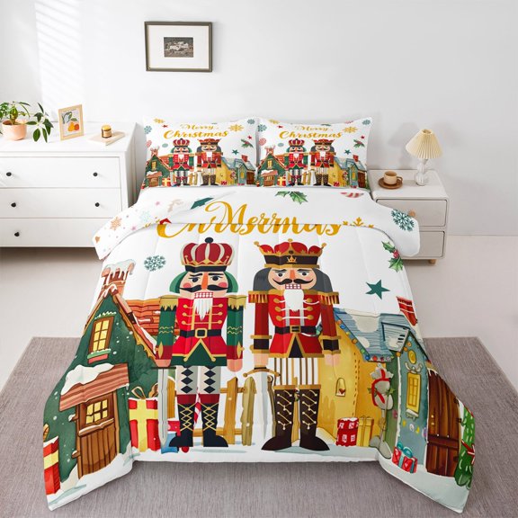 Manfei Nutcracker Royal Guarder Bedding Comforter Set for Kid, Rustic Cabin Twin Comforter Sets, Merry Christmas Theme Reversible Bedding Set, Breathable Home Decor, 2pcs