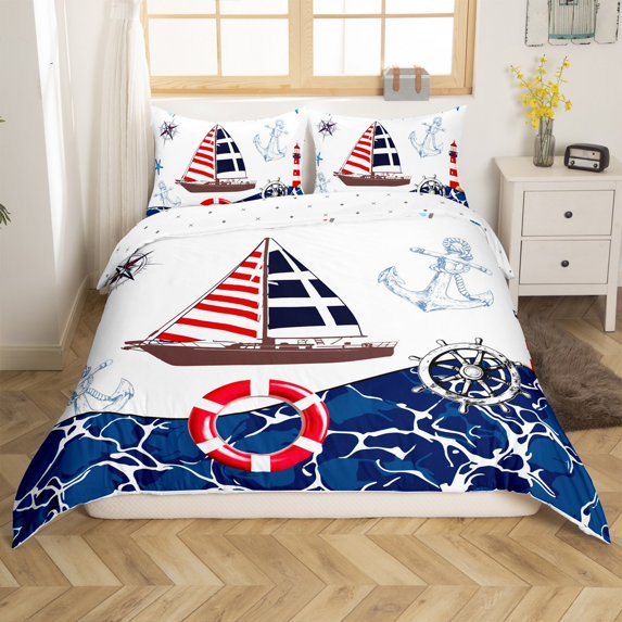 Manfei Ocean Anchor Boat 2pcs Duvet Cover Twin for Boys Girls,Sea Navigation Theme Bedding Sets Twin Size,Blue Red White Comforter Cover Breathable,Microfiber Bedroom Decor(No Comforter)