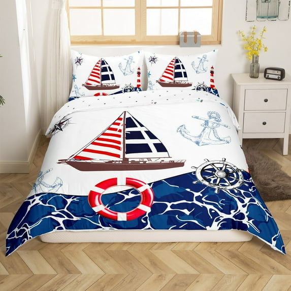 Manfei Ocean Anchor Boat 3pcs Duvet Cover King for Boys Girls,Sea Navigation Theme Ultra Soft Bedding King Size,Blue Red White Microfiber Comforter Cover King,Microfiber Bedroom Decor(No Comforter)
