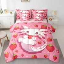 Manfei Ocean Animal Axolotl 7-Piece Twin Bedding Sets,Pink Salamander Bedding Comforter SetRed Starwberry Sheet Sets For Girls Boys,Luxury Bedroom Decor Reversible