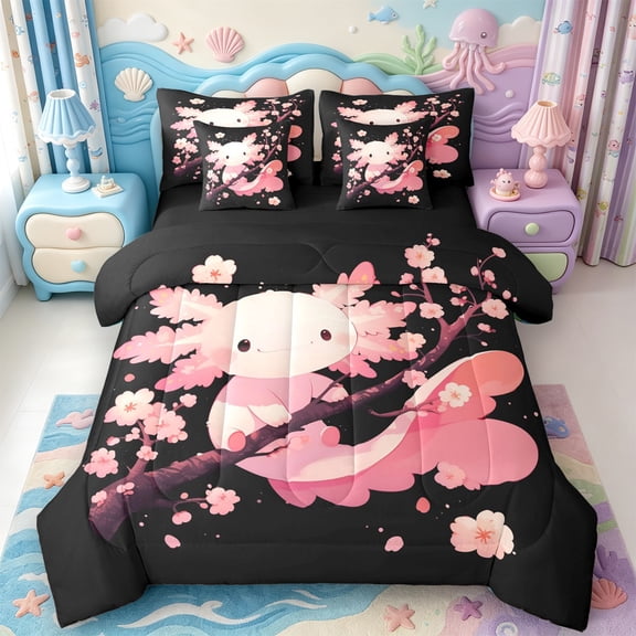 Manfei Ocean Animal Axolotl 7 Pieces Full Size Bedding Sets,3D Print Salamander Full Size Bed in a Bag,Black Reversible