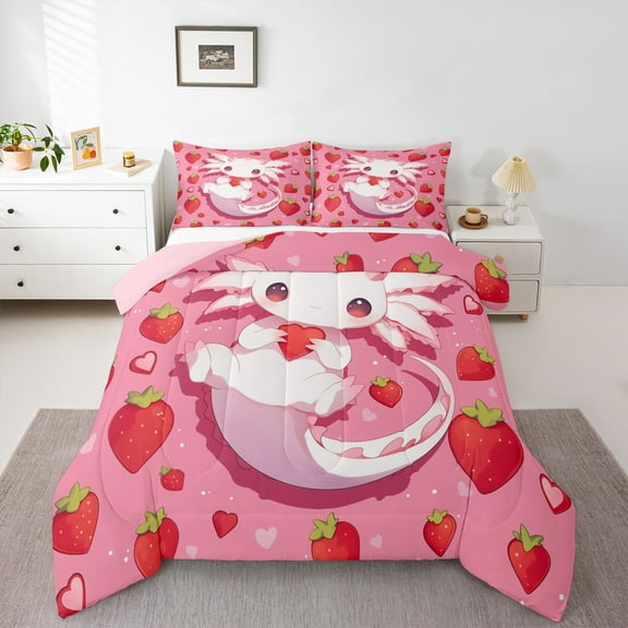 Manfei Ocean Animal Axolotl Bedding Comforter Set,Pink Salamander Twin Comforter SetsRed Starwberry Bedding Set For Girls Boys,Luxury Bedroom Decor Reversible,2 Pieces