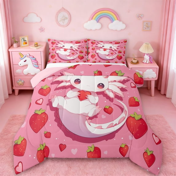 Manfei Ocean Animal Axolotl Bedding Comforter Set,Pink Salamander Twin Comforter SetsRed Starwberry Bedding Set For Girls Boys,Luxury Bedroom Decor Reversible,2 Pieces