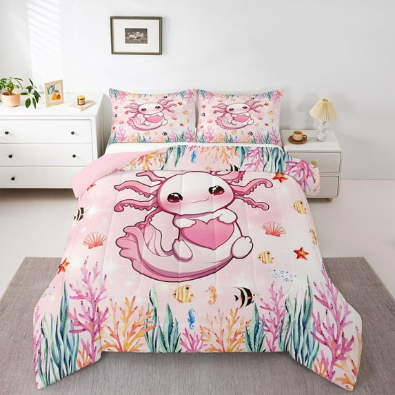 Manfei Ocean Animal Axolotl Full Size Comforter Sets,Pink Salamander Bedding Comforter Set,Colorful Ocean Coral Bedding Sets For Girls Boys,Luxury Bedroom Decor Reversible,3 Pieces