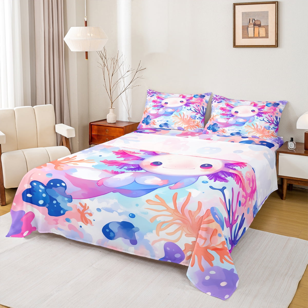 Curated visual reference: Manfei Ocean Animal Axolotl Full Size Sheets Pink Salamander Bed Photo Inspiration