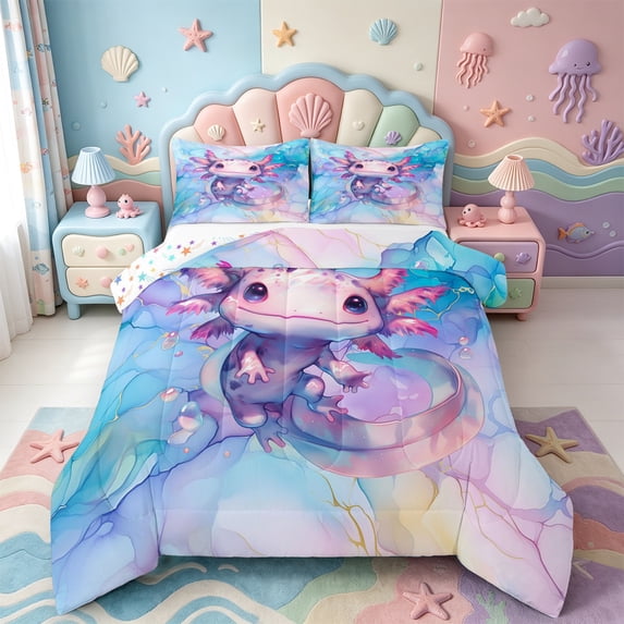 Manfei Ocean Animal Axolotl Queen Comforter Set,3D Printed Amphibian Comforter Sets Queen,Colorful Stars Reversible,3pcs,1 Comforter and 2 Pillowcases